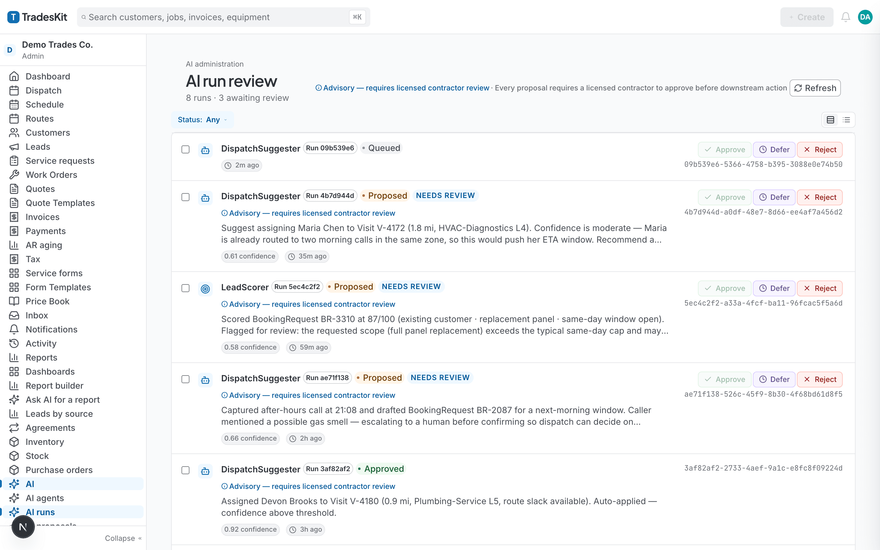 TradesKit AI run review queue showing real AIAgentRun rows — each agent run logged with its agent, status, proposal summary, confidence, and approve/defer/reject controls