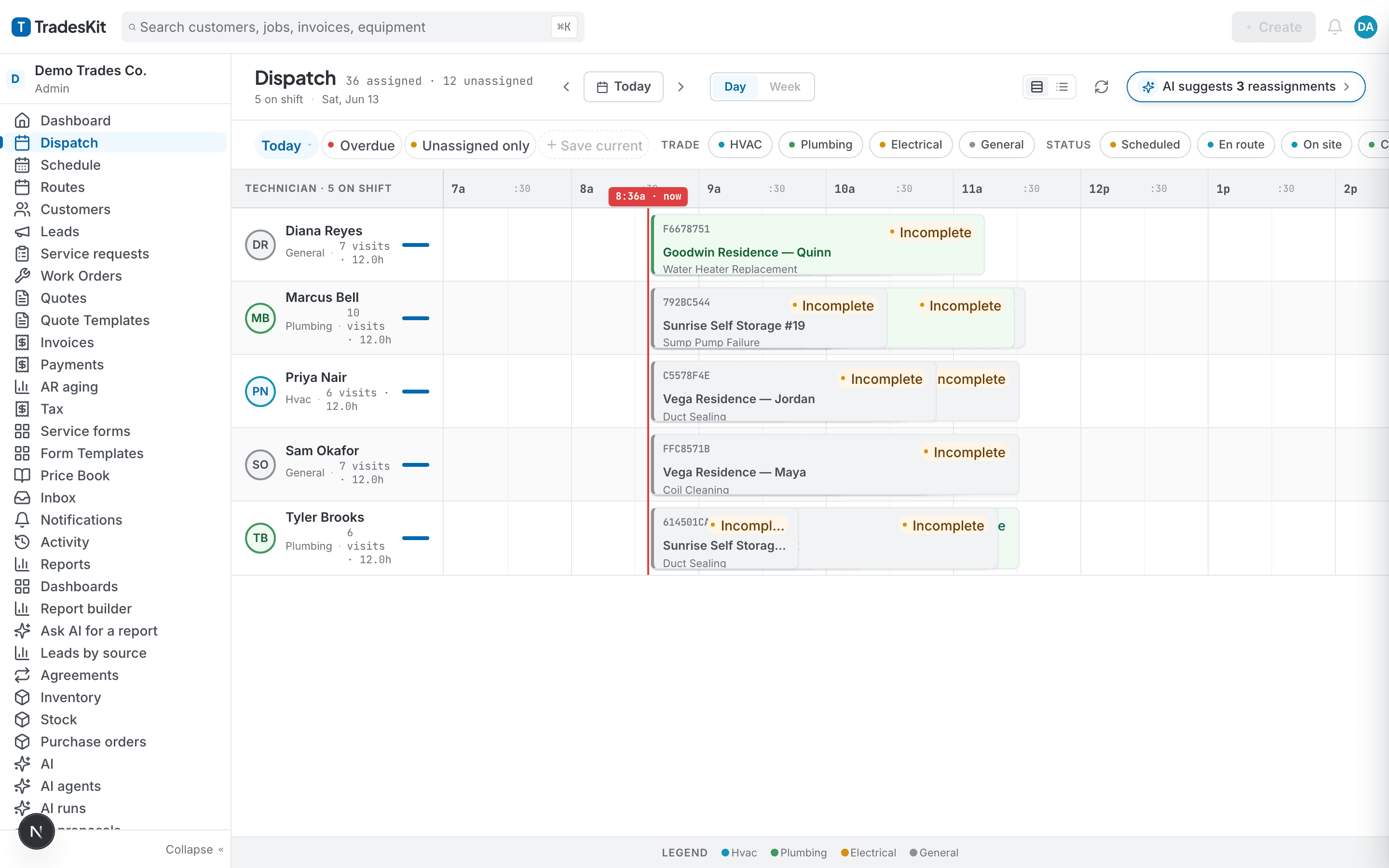 TradesKit dispatch board with AI-suggested reassignments