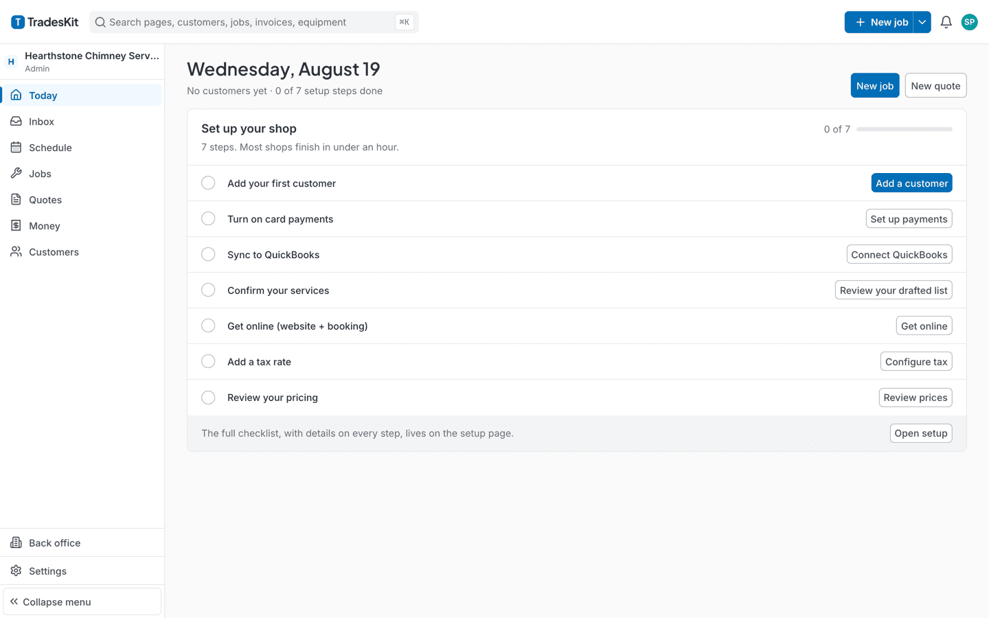 TradesKit's Today screen for a chimney company, showing the day's setup checklist and action queues