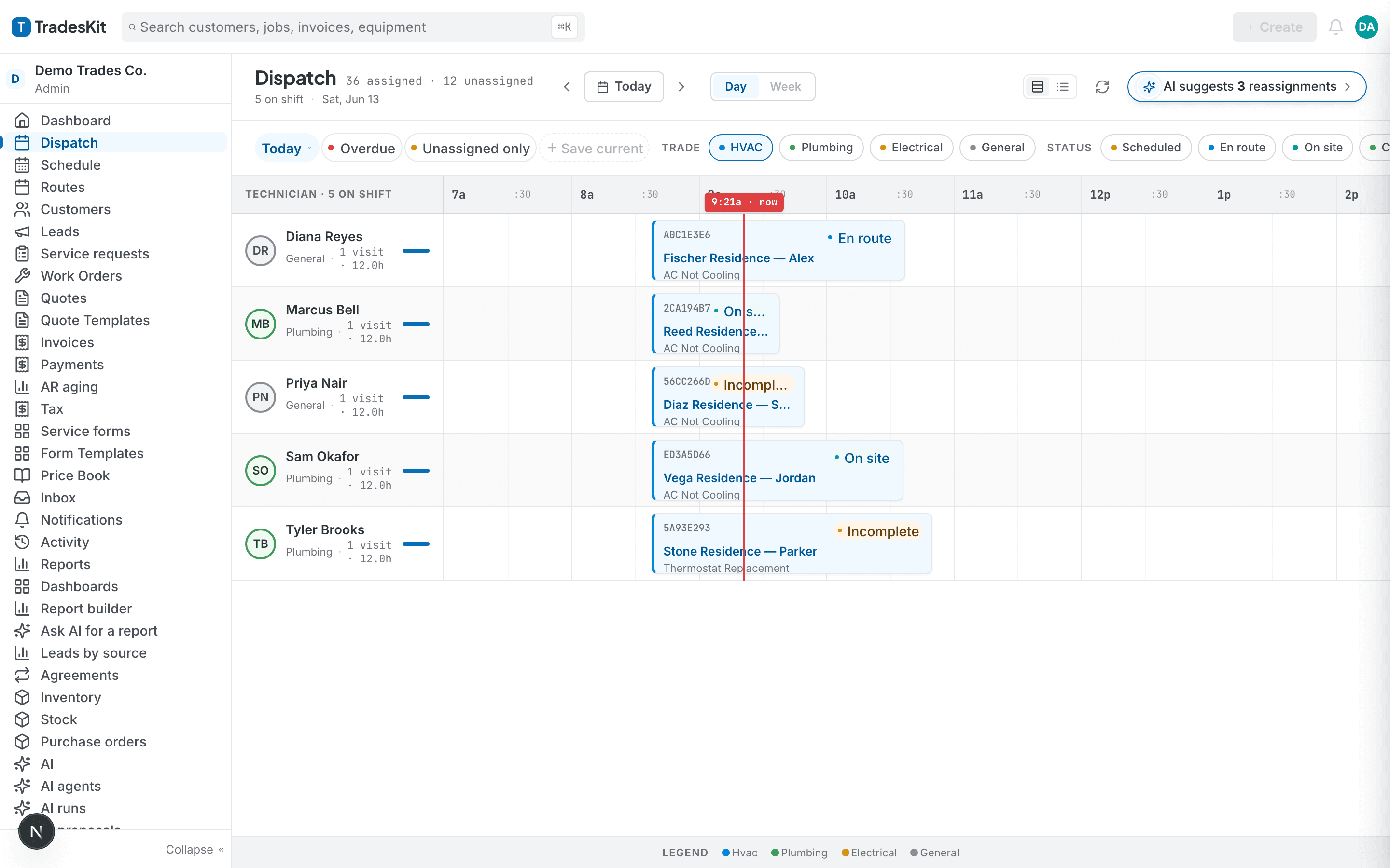 TradesKit dispatch board filtered to HVAC jobs with AI-suggested reassignments