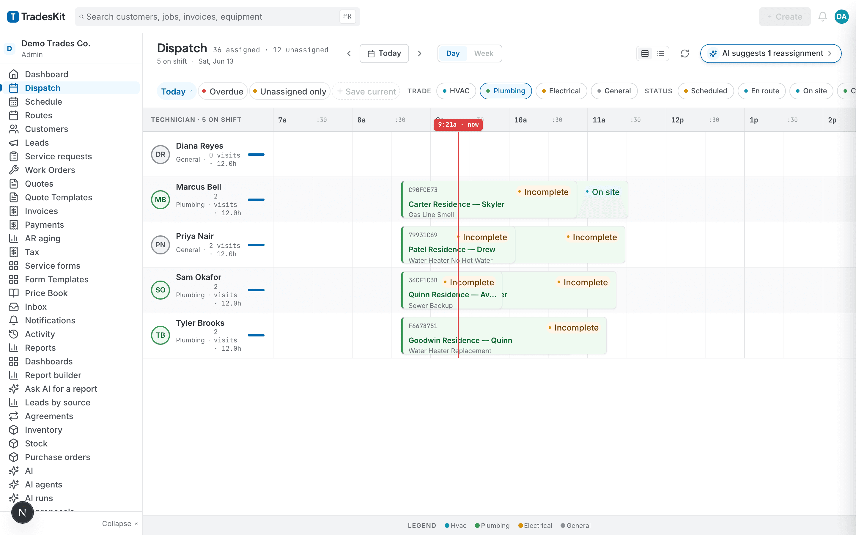 TradesKit dispatch board filtered to plumbing jobs with AI-suggested reassignments