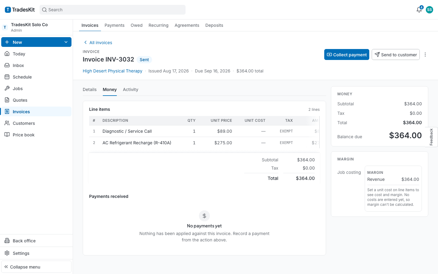 An invoice: line items, totals, balance due, Collect payment and Send to customer actions