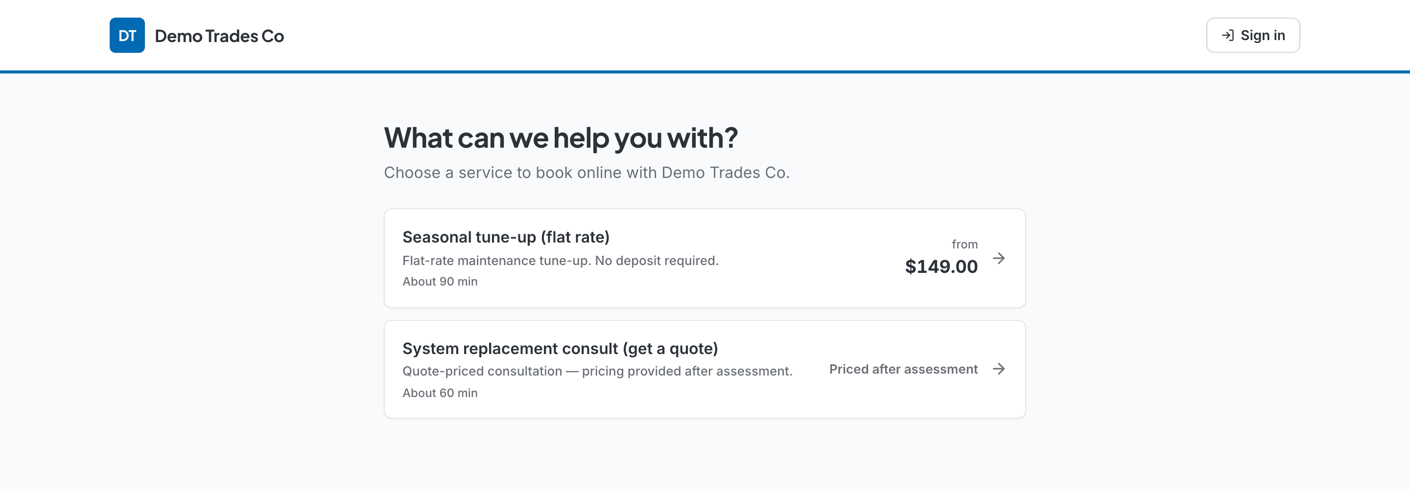 Customer self-serve booking page with real service catalog and pricing