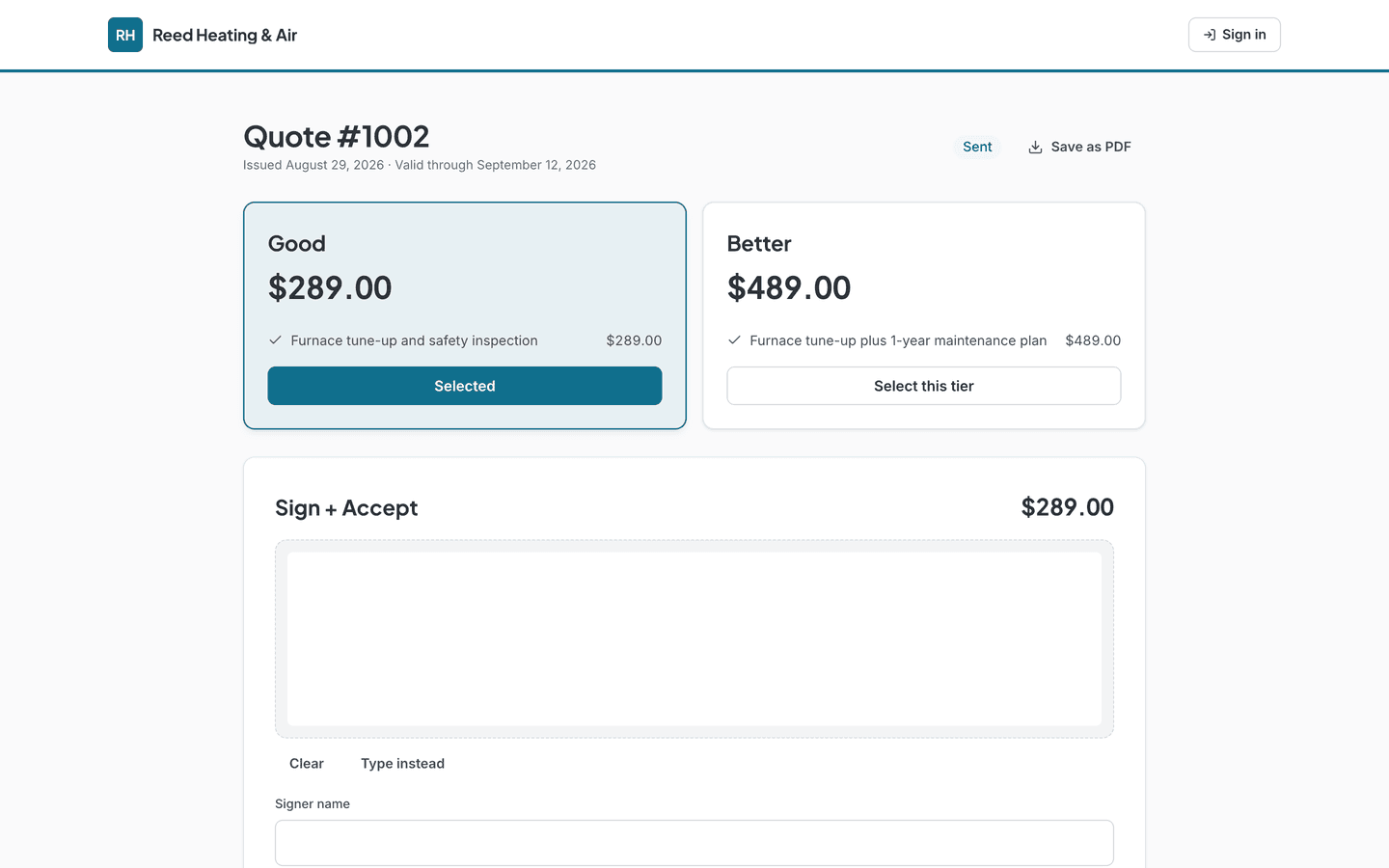 The customer’s quote page: Good and Better tiers side by side, a Sign and Accept card with a signature pad