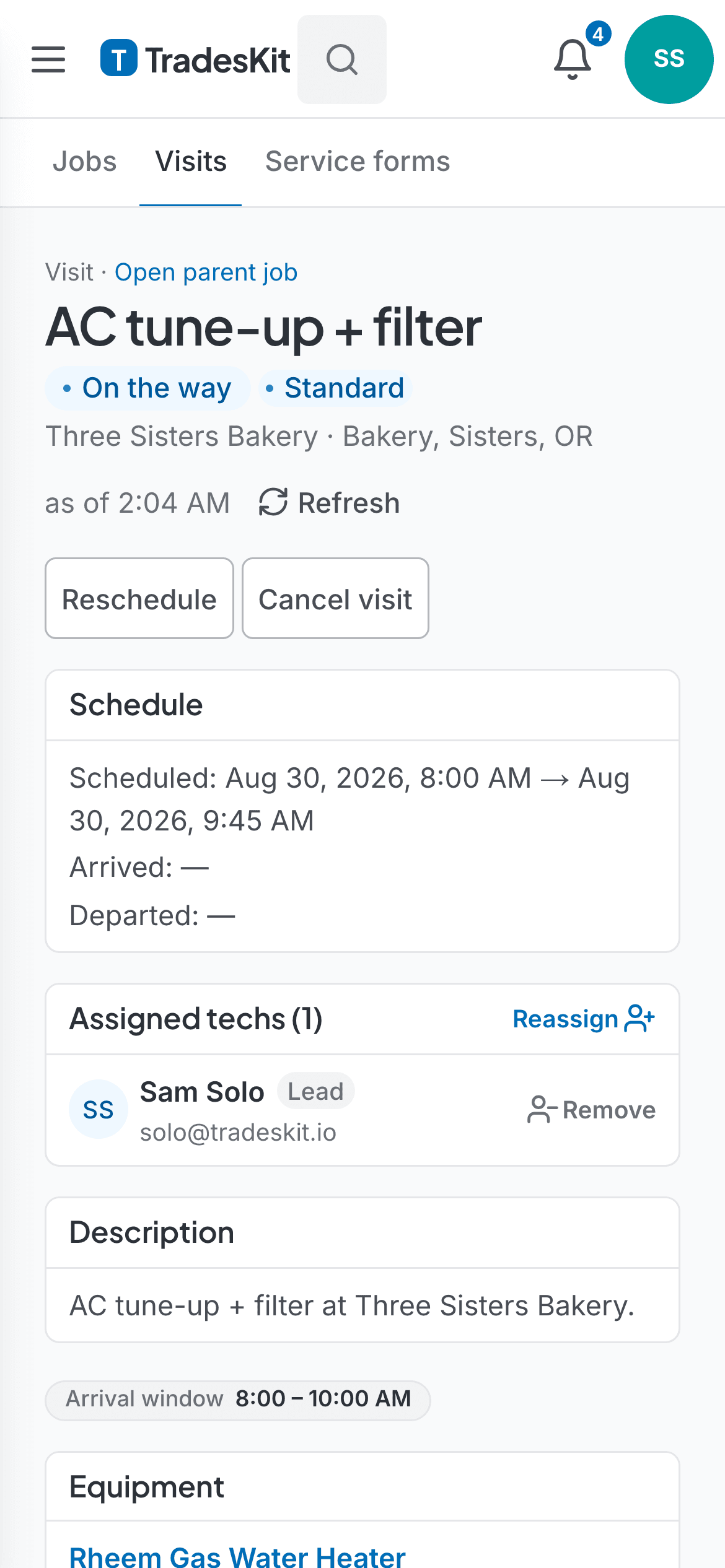 A visit on the phone: AC tune-up, On the way status, schedule, assigned tech, description and arrival window